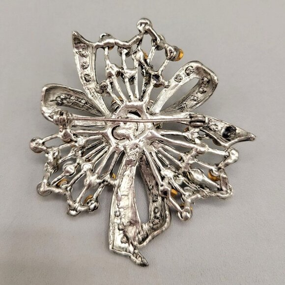AB Rhinestone Floral Brooch Bow Vintage Silver Tone Setting - Picture 2 of 2